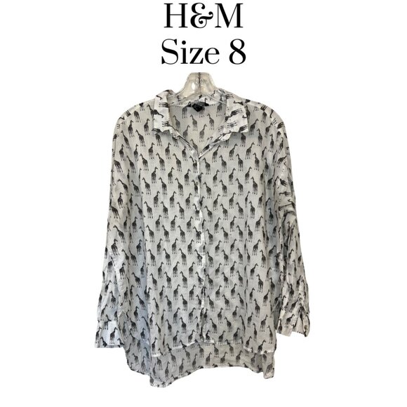 H&M Sheer Cotton Giraffe Print Button Down Shirt Women’s Black White Size 8 - Picture 1 of 11